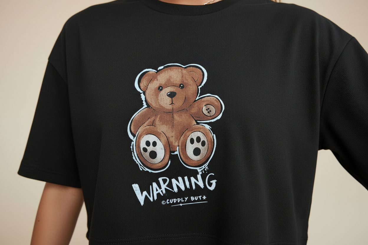 "Cuteness Overload" – T-shirt Oversize Cropped con Grafica Orsetto