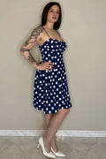 Abito Sophia – Vestito Retrò a Pois Navy con Scollo a Cuore
