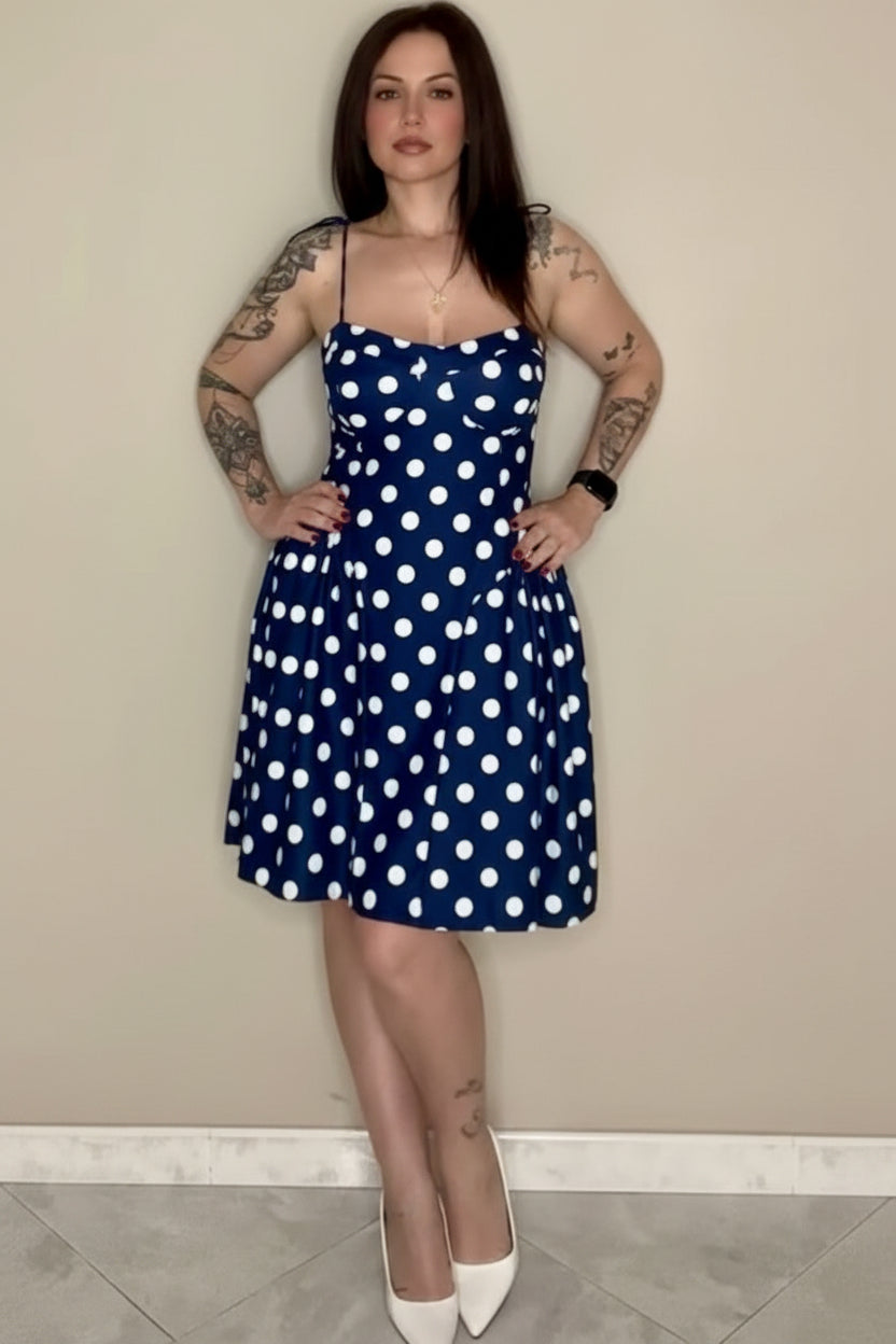 Abito Sophia – Vestito Retrò a Pois Navy con Scollo a Cuore