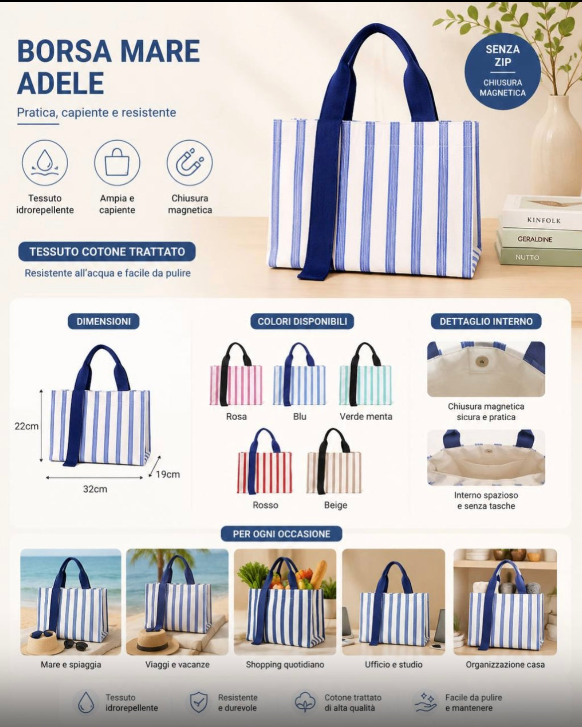 Borsa Mare Adele in Cotone Idrorepellente | Capiente a Righe