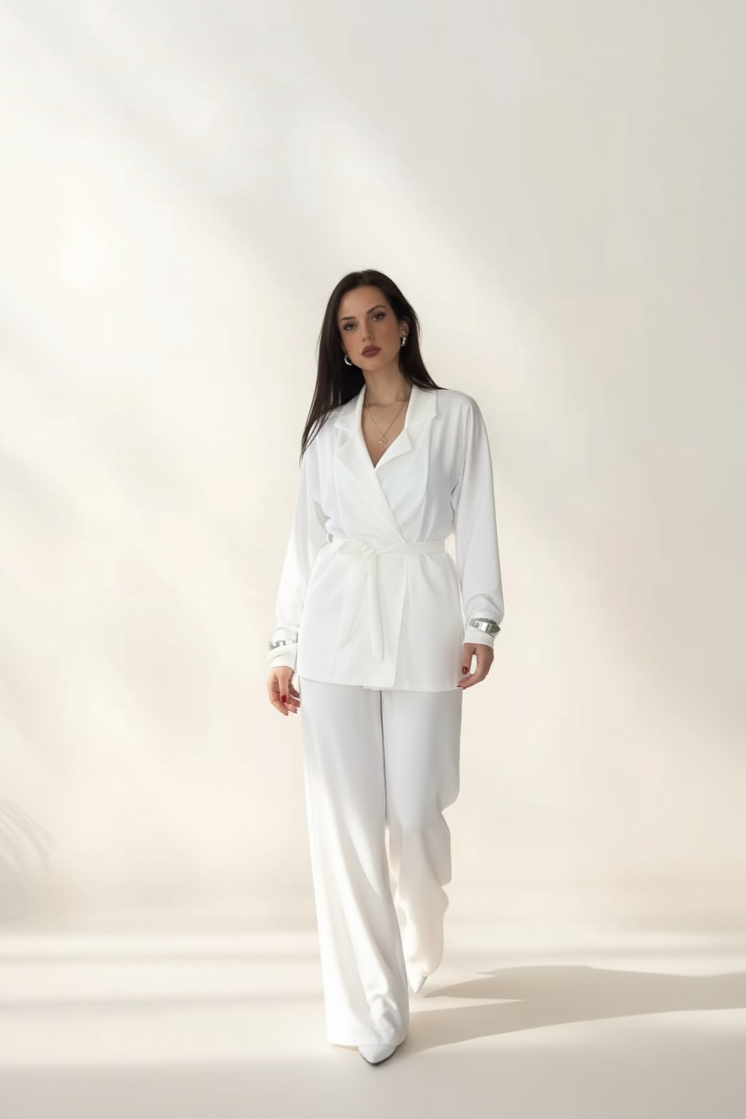 Tailleur "Aura Bianca" – Completo Wrap & Pantalone Palazzo.