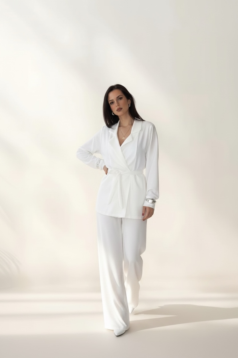 Tailleur "Aura Bianca" – Completo Wrap & Pantalone Palazzo.