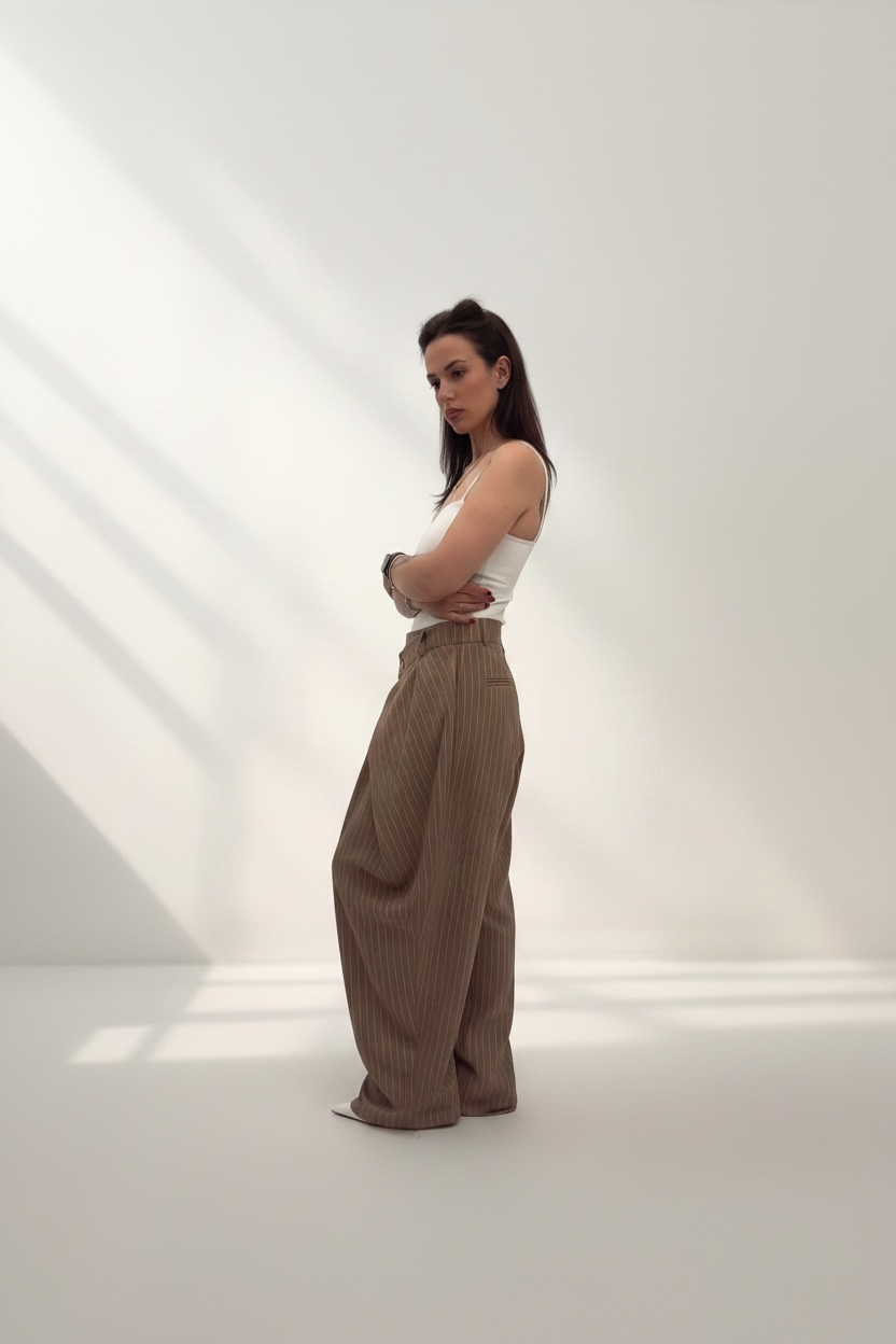 Pantalone Balloon Gessato con Chiusura a Portafoglio – Marrone Coffee