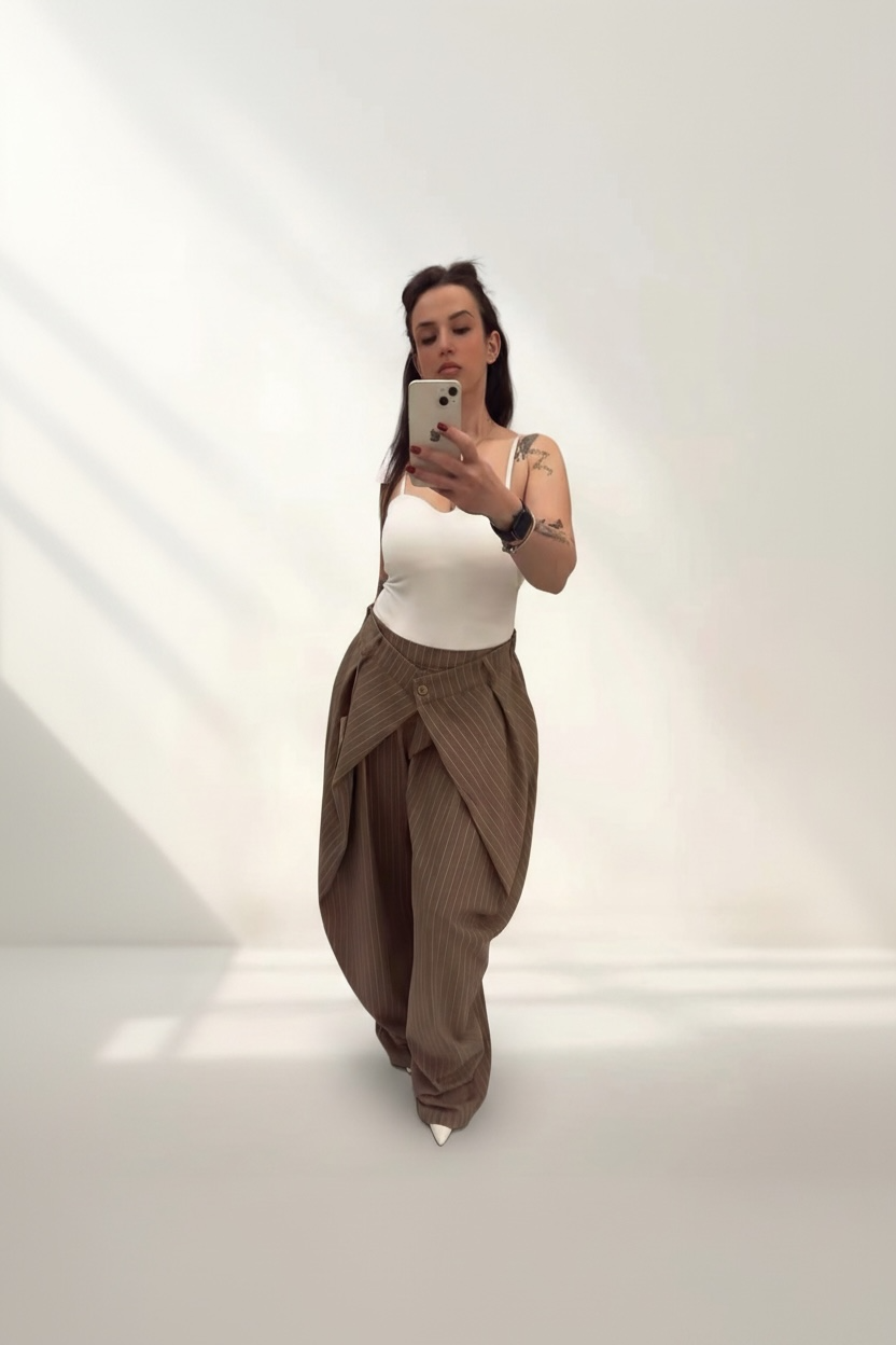 Pantalone Balloon Gessato con Chiusura a Portafoglio – Marrone Coffee