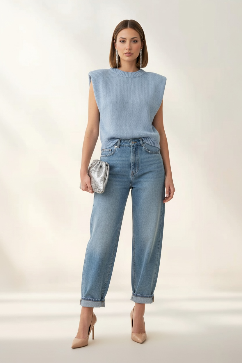 Gilet in Maglia con Spalline Imbottite – Azzurro Polvere