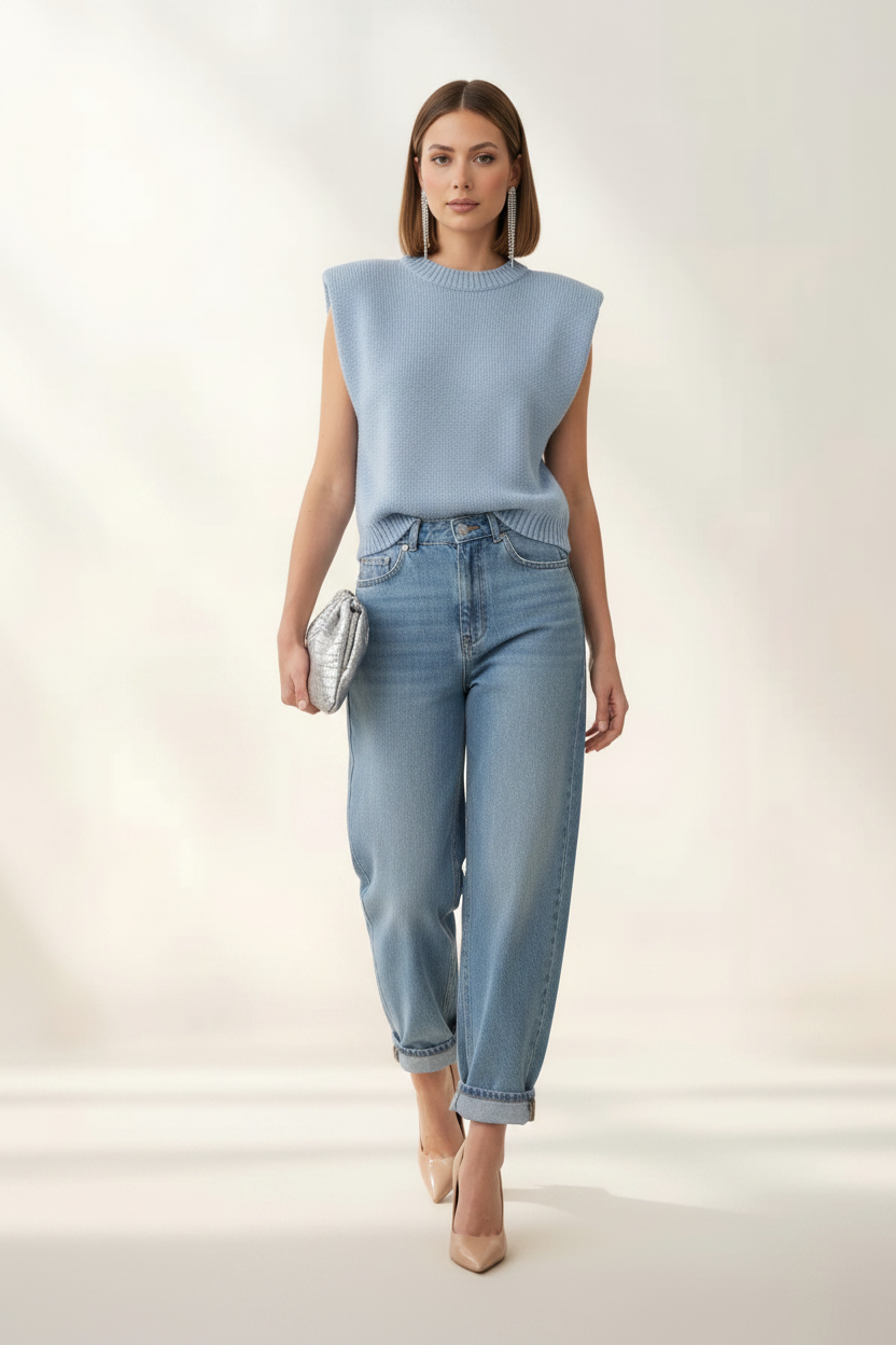 Gilet in Maglia con Spalline Imbottite – Azzurro Polvere