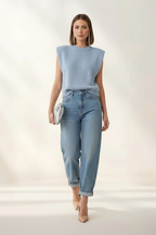 Gilet in Maglia con Spalline Imbottite – Azzurro Polvere