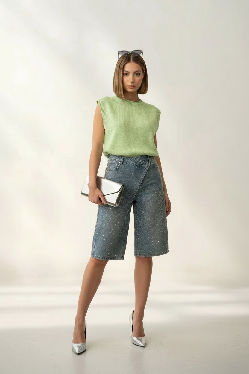 Gilet in maglia con spalline imbottite-Verde Salvia