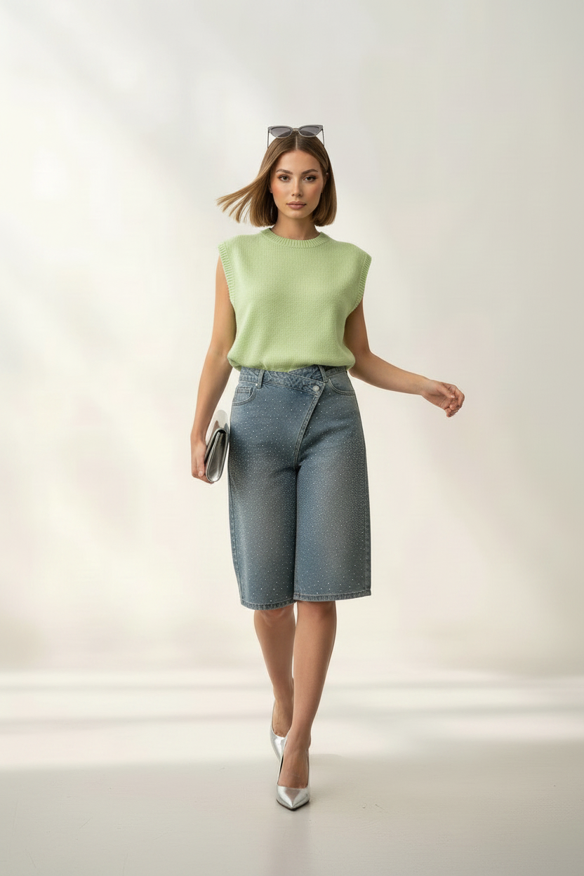 Gilet in maglia con spalline imbottite-Verde Salvia