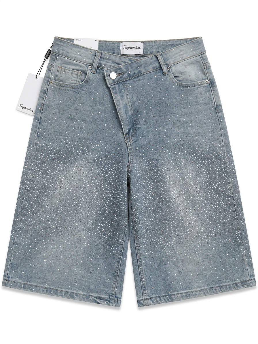 Bermuda in Jeans "Billie Jean" con Strass e Chiusura Asimmetrica