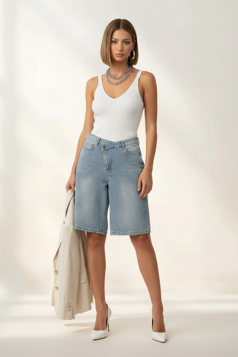 Bermuda in Jeans "Billie Jean" con Strass e Chiusura Asimmetrica