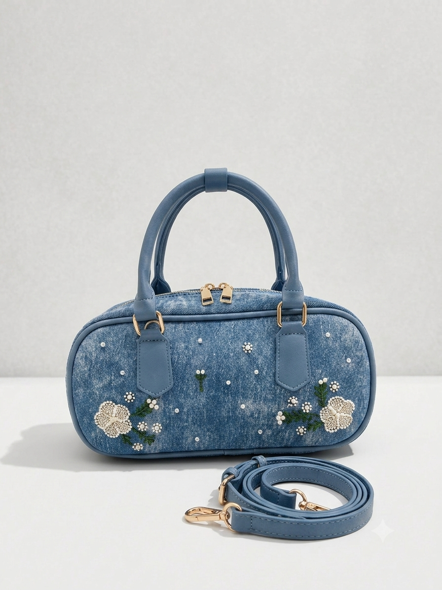 Borsa Bauletto Mini in Denim con Ricami Floreali
