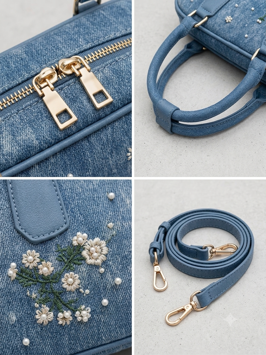 Borsa Bauletto Mini in Denim con Ricami Floreali