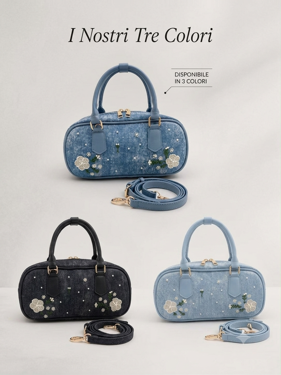 Borsa Bauletto Mini in Denim con Ricami Floreali