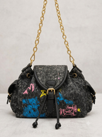 Borsa a tracolla in denim stile graffiti con catena dorata