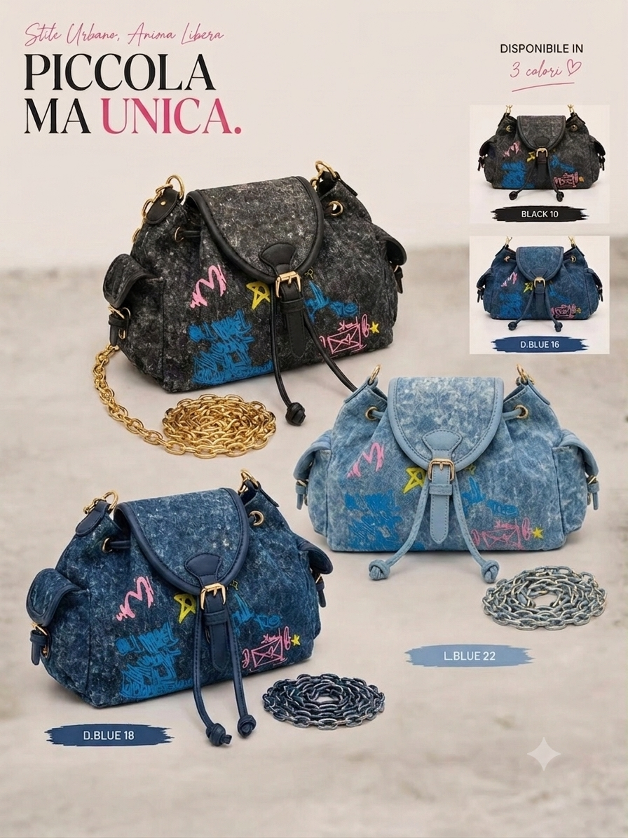 Borsa a tracolla in denim stile graffiti con catena dorata