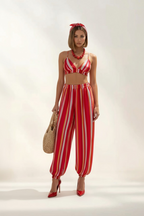 Completo Co-Ord Estivo a Righe Rosse con Crop Top e Pantaloni