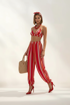 Completo Co-Ord Estivo a Righe Rosse con Crop Top e Pantaloni
