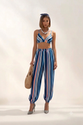 Completo Co-Ord Estivo a Righe Blu con Crop Top e Pantaloni