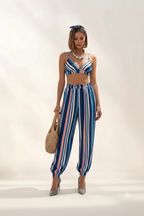 Completo Co-Ord Estivo a Righe Blu con Crop Top e Pantaloni