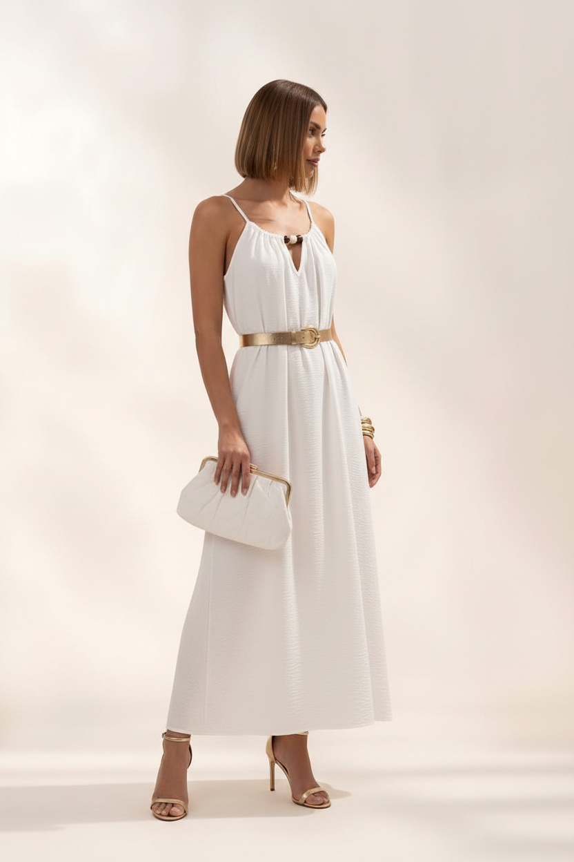 Abito Lungo Gemma Bianco Svasato Stile Boho-Chic | Vestito Maxi Versatile