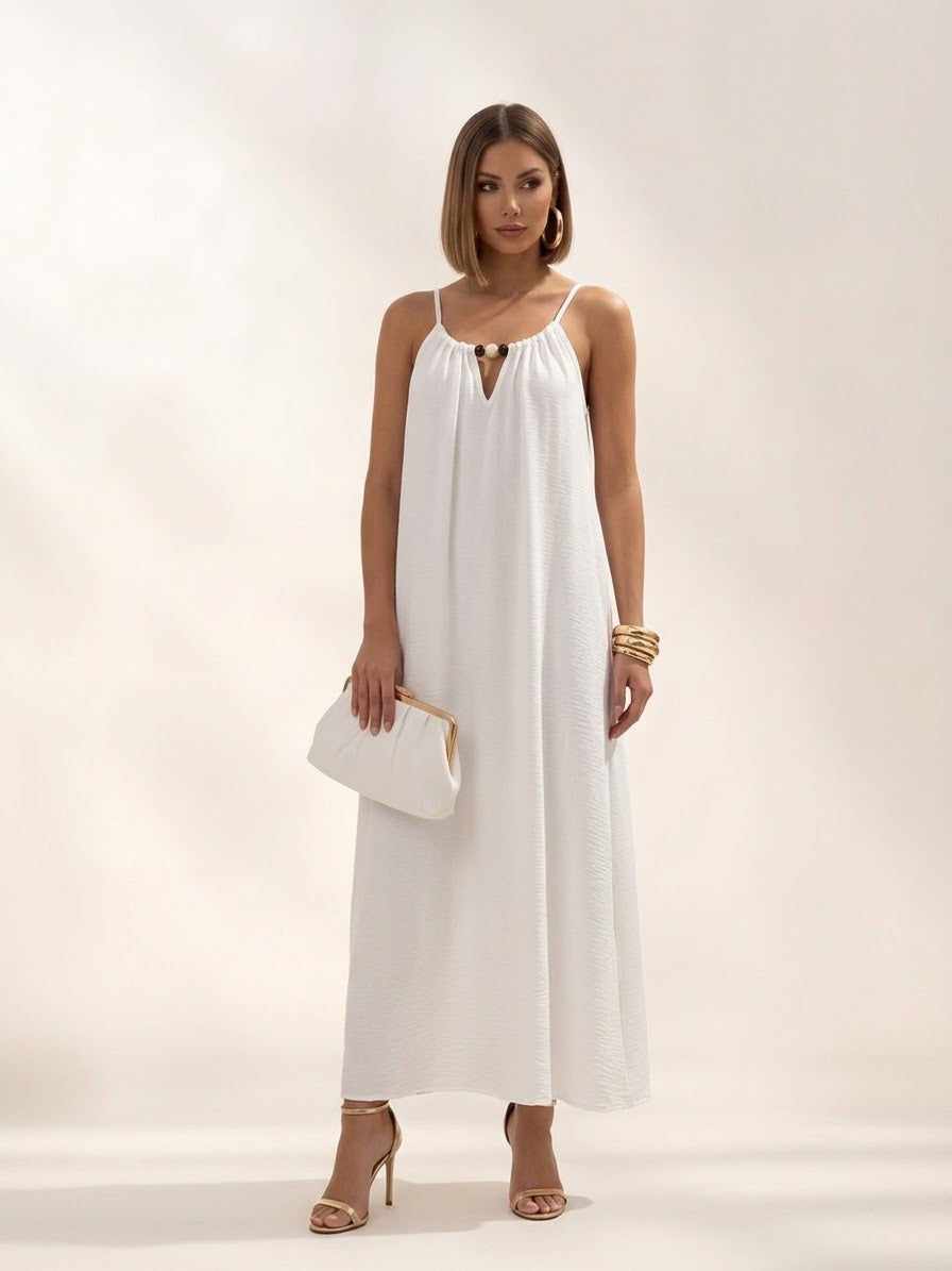 Abito Lungo Gemma Bianco Svasato Stile Boho-Chic | Vestito Maxi Versatile