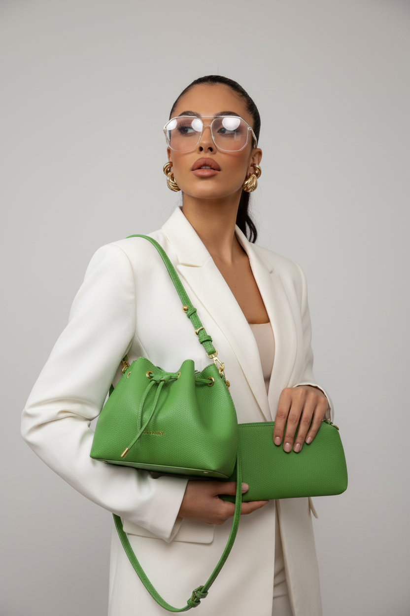 Set Borsa Secchiello "Aura Green" – 3 in 1 con Pochette e Tracolla Regolabile