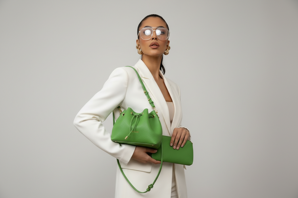 Set Borsa Secchiello "Aura Green" – 3 in 1 con Pochette e Tracolla Regolabile