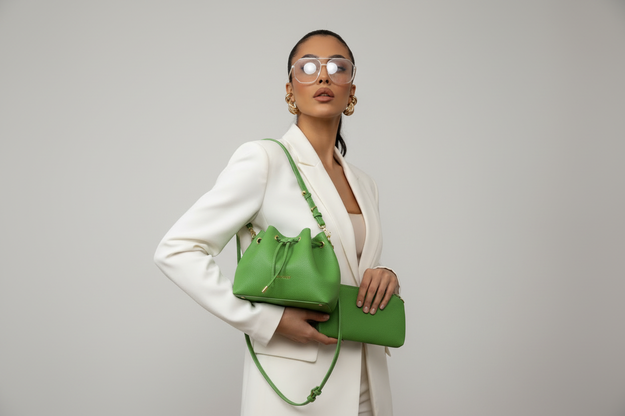 Set Borsa Secchiello "Aura Green" – 3 in 1 con Pochette e Tracolla Regolabile