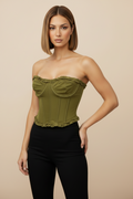 Corsetto "Olivia" – Top Bustier Verde Oliva con Bordi Arricciati