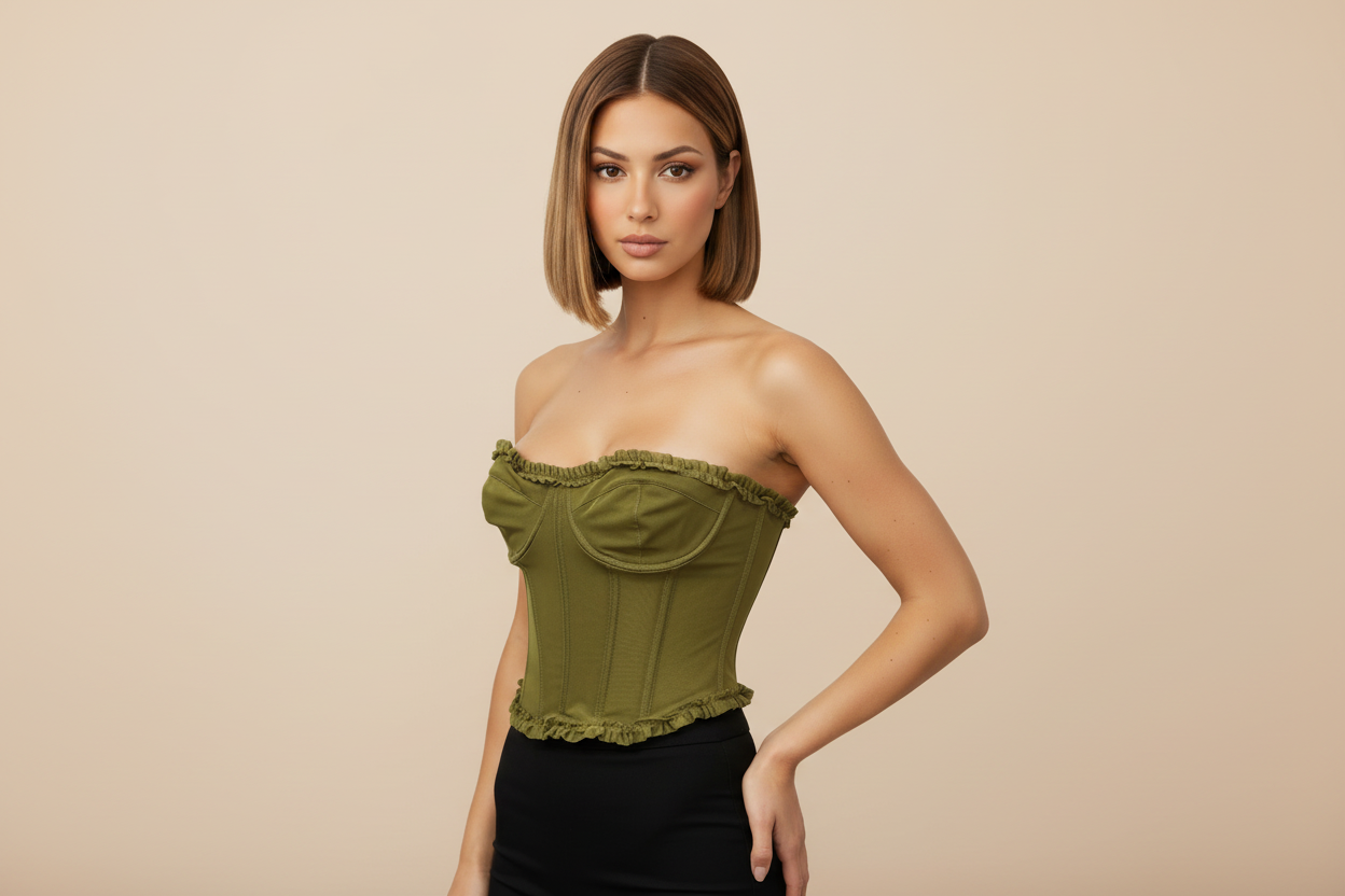 Corsetto "Olivia" – Top Bustier Verde Oliva con Bordi Arricciati