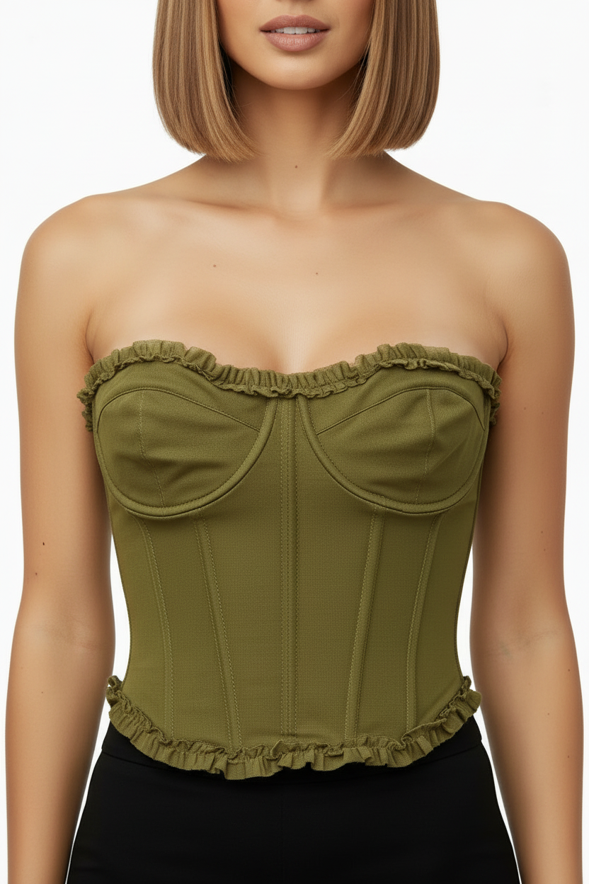 Corsetto "Olivia" – Top Bustier Verde Oliva con Bordi Arricciati