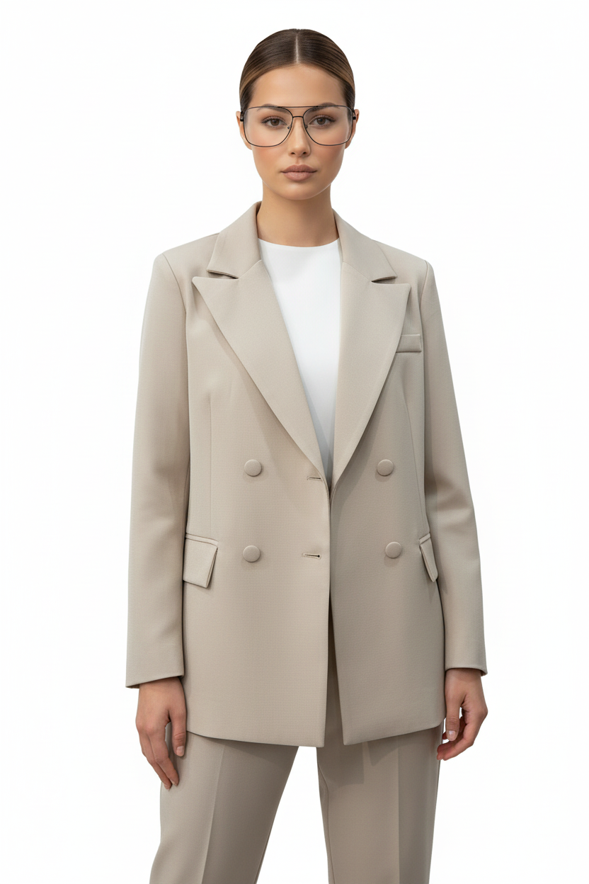 Tailleur "Elegance" Beige – Completo Giacca Doppiopetto e Pantalone a Vita Alta