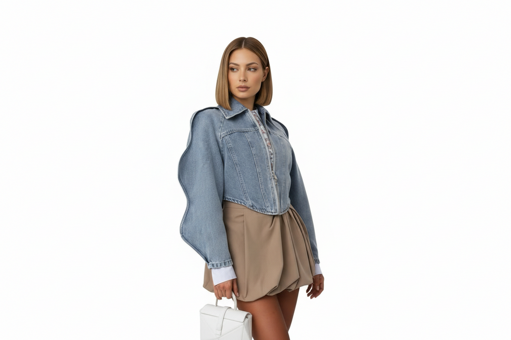 Giacca Denim Cropped "Sculptural Wave"