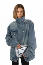 Giacca Denim Oversize "Urban Shield" – Design Asimmetrico a Collo Alto
