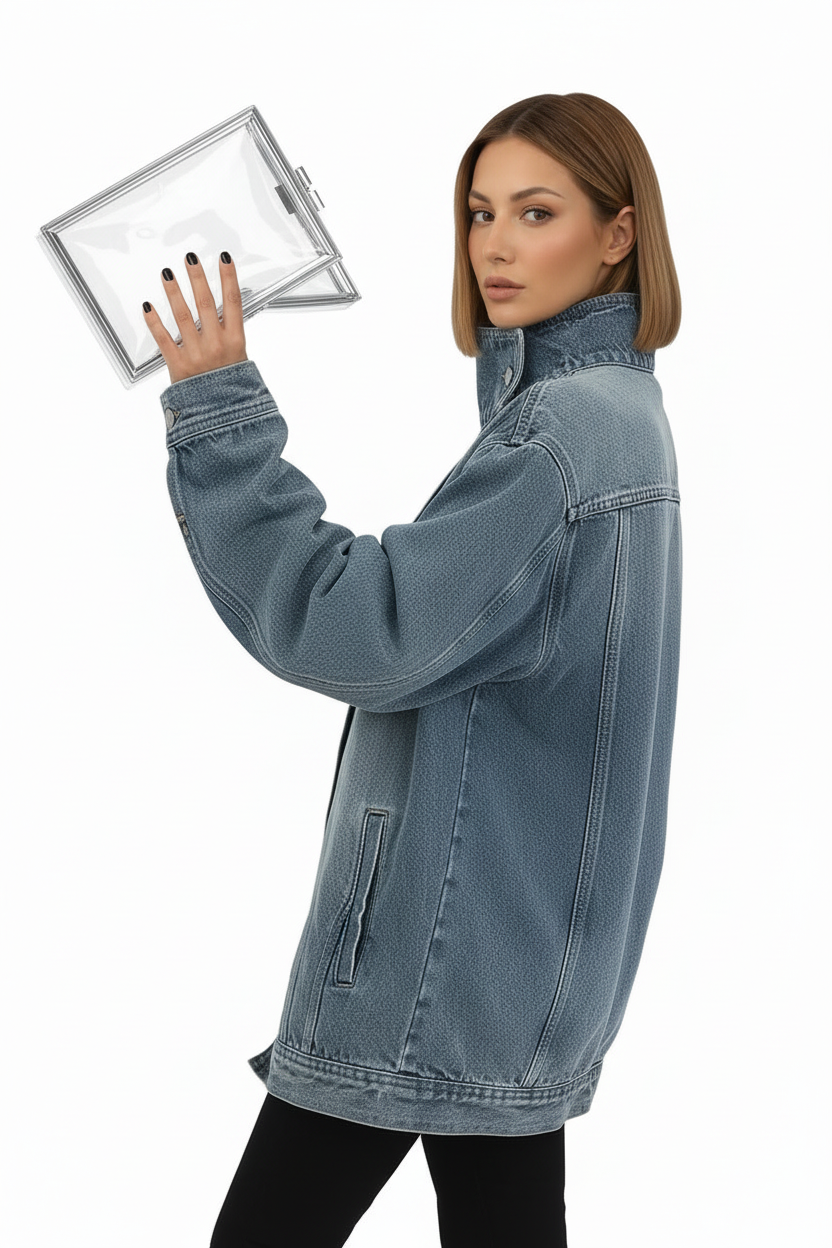 Giacca Denim Oversize "Urban Shield" – Design Asimmetrico a Collo Alto