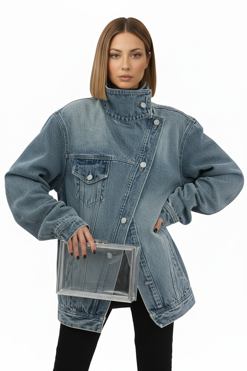 Giacca Denim Oversize "Urban Shield" – Design Asimmetrico a Collo Alto