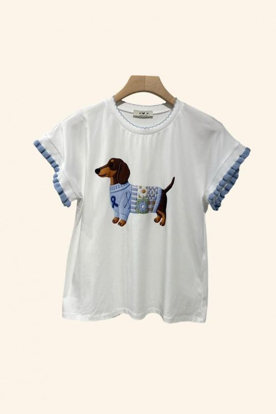 T-Shirt "Dachshund Chic" in Cotone con Ricamo Bassotto e Maniche a Volant