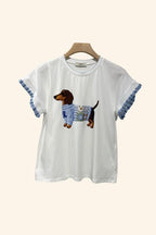 T-Shirt "Dachshund Chic" in Cotone con Ricamo Bassotto e Maniche a Volant
