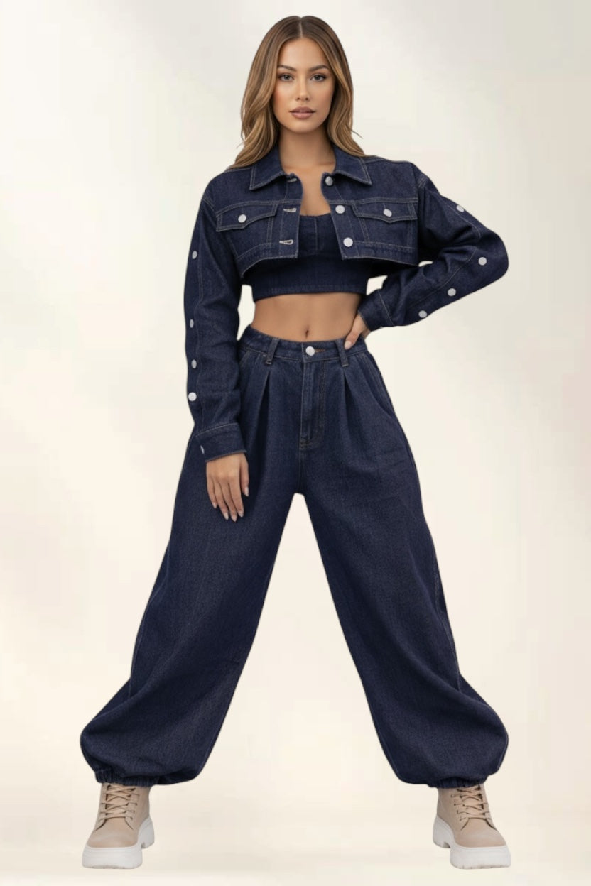 Denim Set "Aura" – Completo 3 Pezzi Crop & Balloon