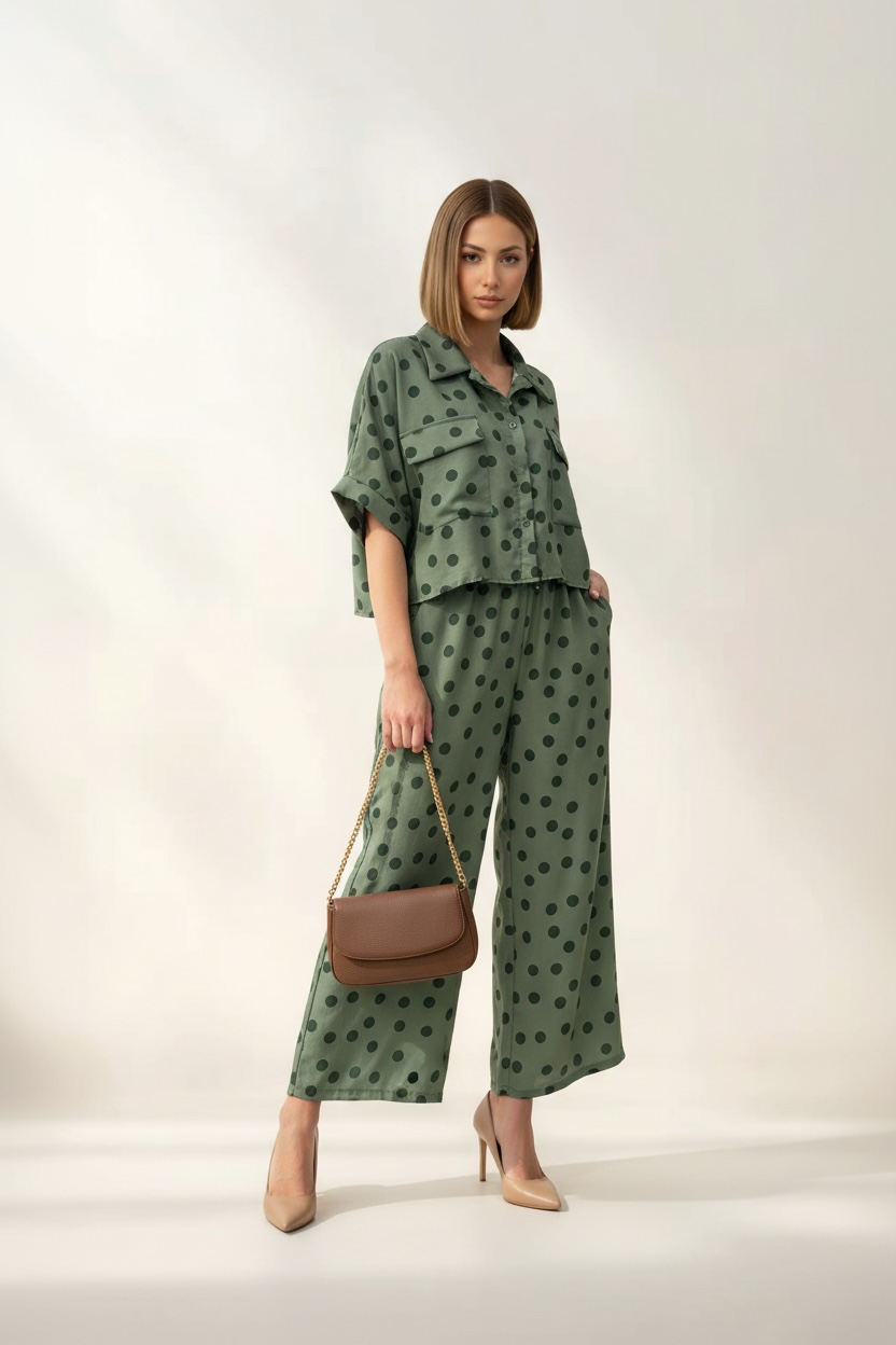 Set Coordinato "Liza" – Completo Crop Shirt e Pantaloni Wide Leg a Pois Verde Oliva