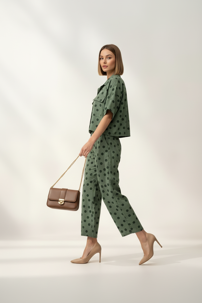 Set Coordinato "Liza" – Completo Crop Shirt e Pantaloni Wide Leg a Pois Verde Oliva