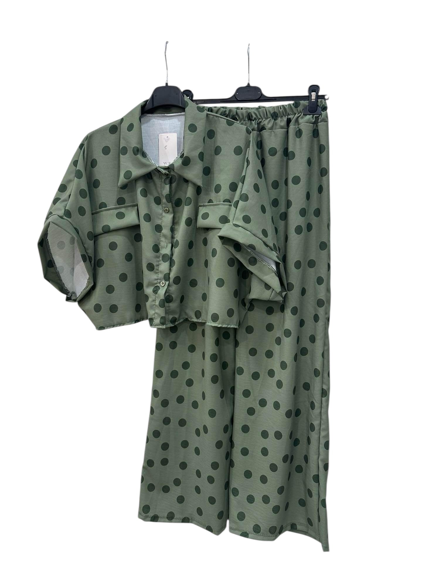 Set Coordinato "Liza" – Completo Crop Shirt e Pantaloni Wide Leg a Pois Verde Oliva